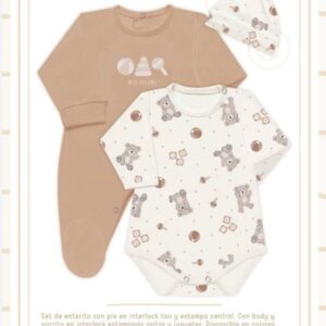 Dreams art 630 - Set 3 piezas, enterito interlock, estampado central, con body y gorro -
