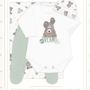 Dreams art 644 - Set 4 piezas, body estampado central, con ranita combinada, con manta y gorro interlock -