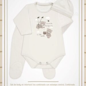 Dreams art 528 - Conjunto BB, body, ranita y gorro, interlock liso estampado central -